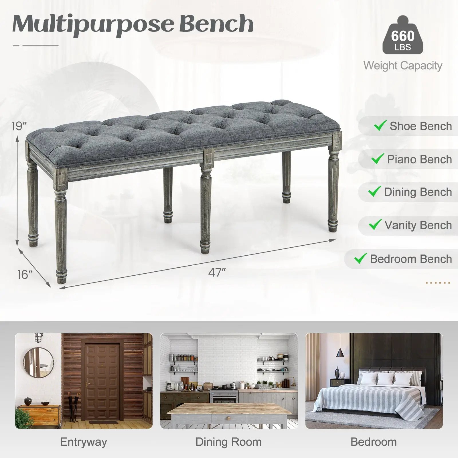 French Vintage Entryway Bench 47 Inch Upholstered Dining Bench by DirectDeals