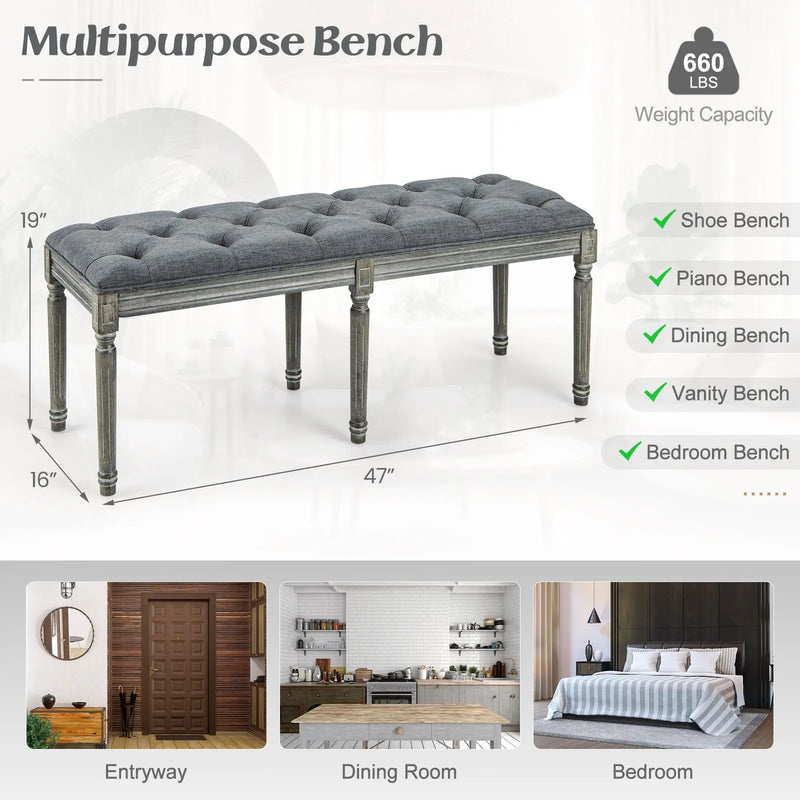 French Vintage Entryway Bench 47 Inch Upholstered Dining Bench by DirectDeals