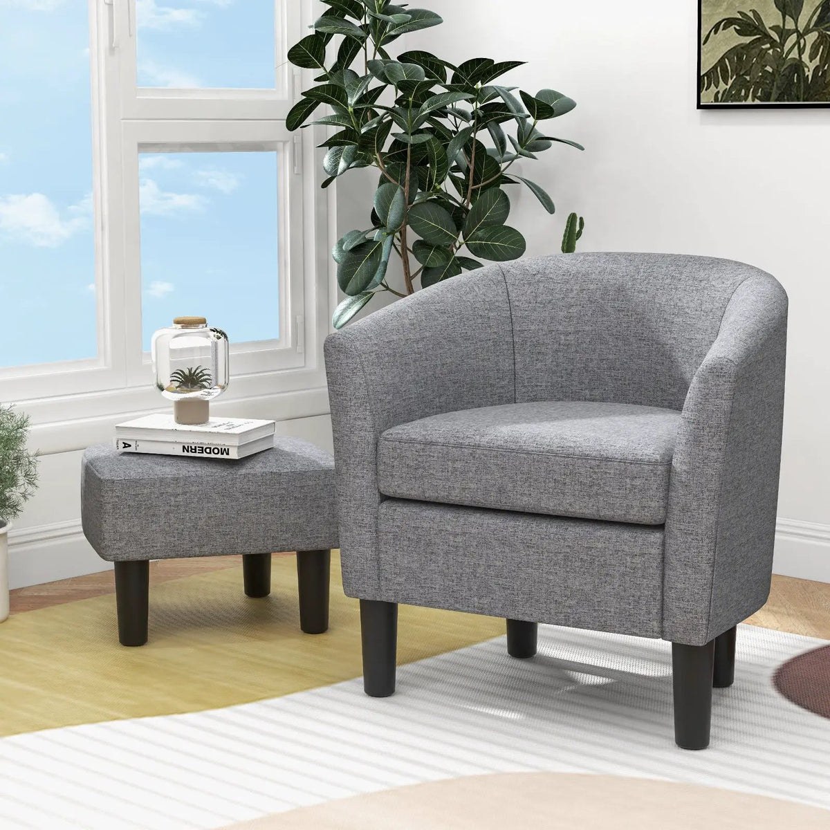 Barrel Club Chair with Ottoman Set Linen Fabric Accent Chair with Footrest, photo 2 of 16