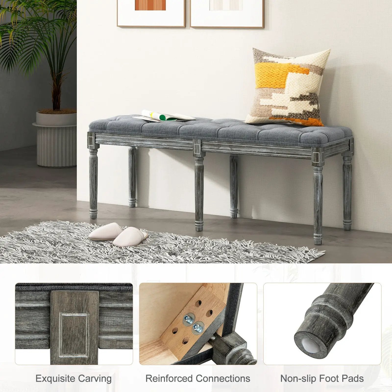 French Vintage Entryway Bench 47 Inch Upholstered Dining Bench by DirectDeals