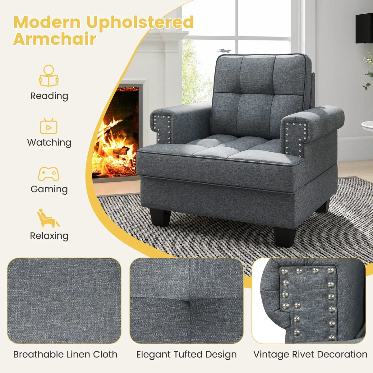 Mid-century Modern Accent Armchair Tufted Linen Club Chair, photo 10 of 16