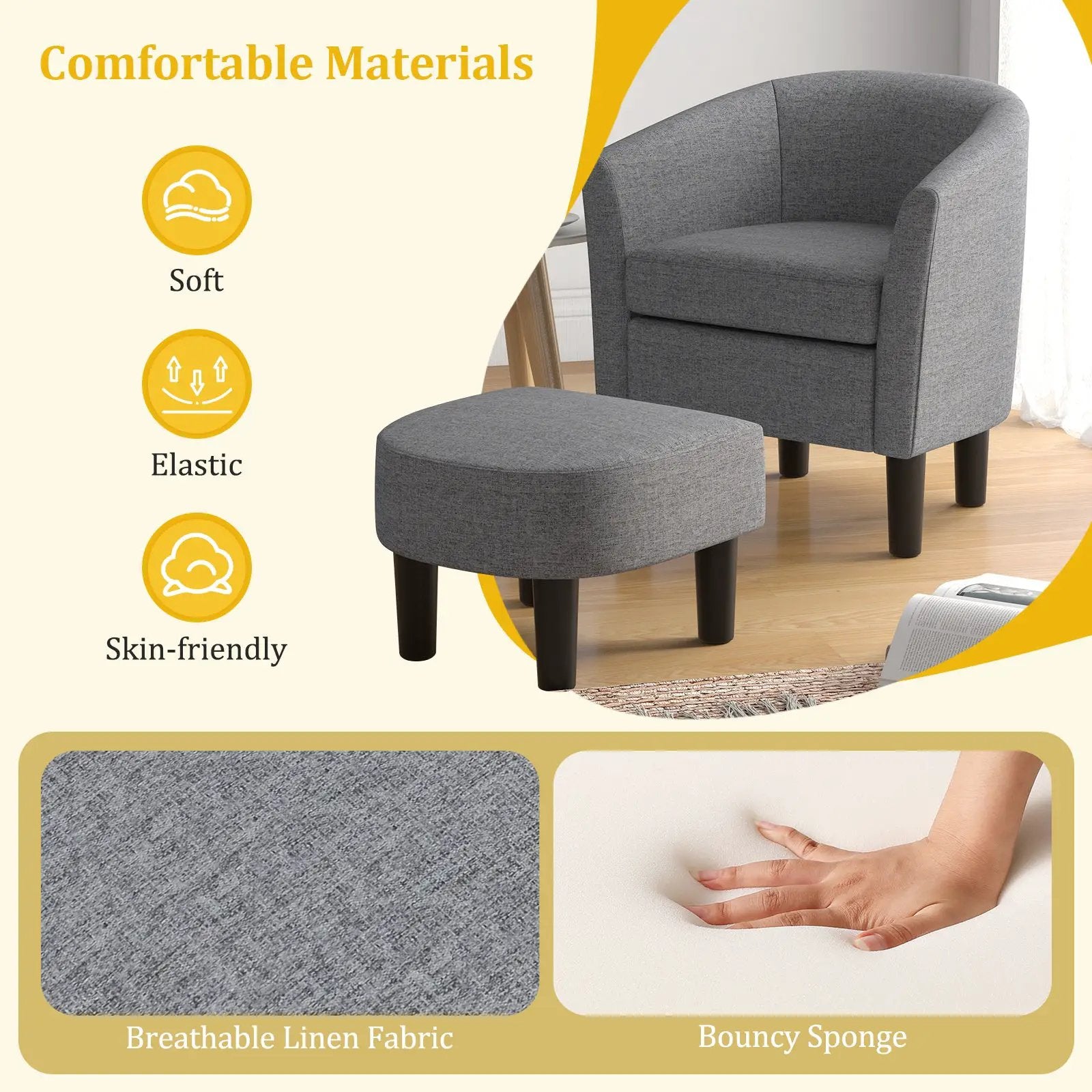 Barrel Club Chair with Ottoman Set Linen Fabric Accent Chair with Footrest by DirectDeals