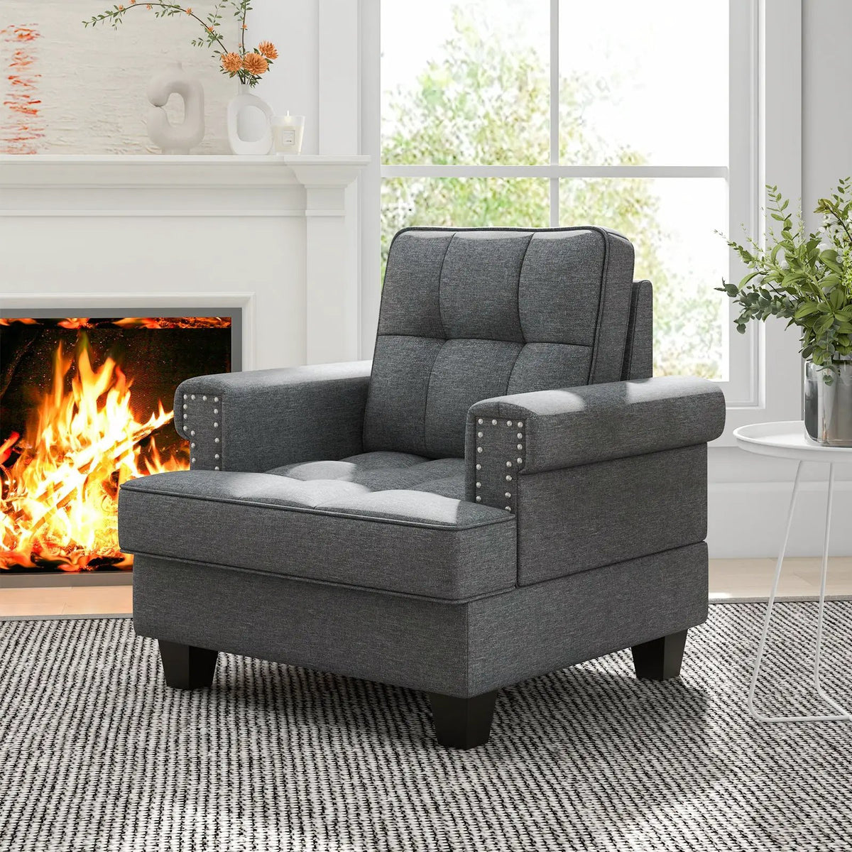 Mid-century Modern Accent Armchair Tufted Linen Club Chair, photo 4 of 16
