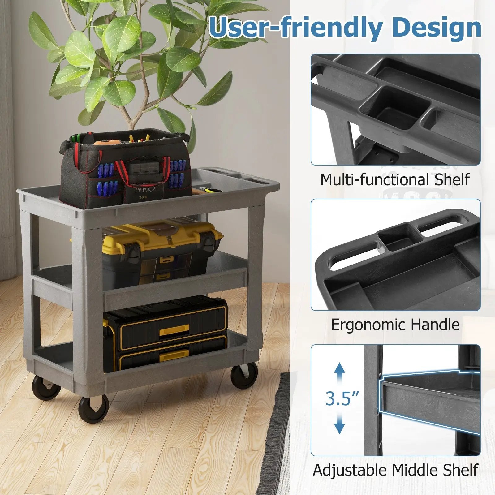 3-Tier Utility Cart with 550 LBS Max Load and Adjustable Middle Shelf-Gray by DirectDeals