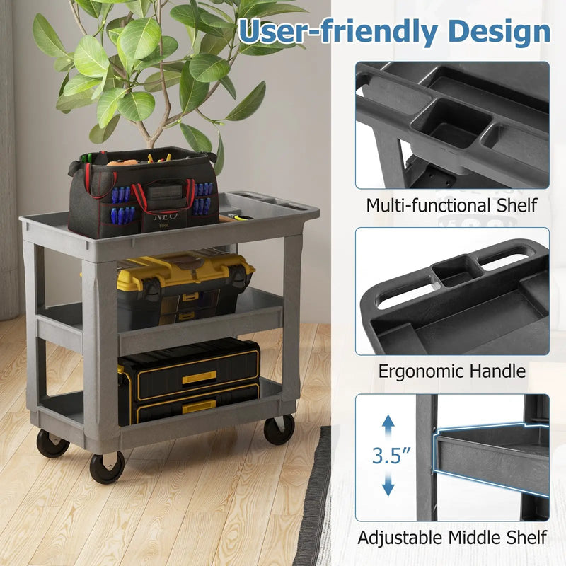 3-Tier Utility Cart with 550 LBS Max Load and Adjustable Middle Shelf-Gray by DirectDeals