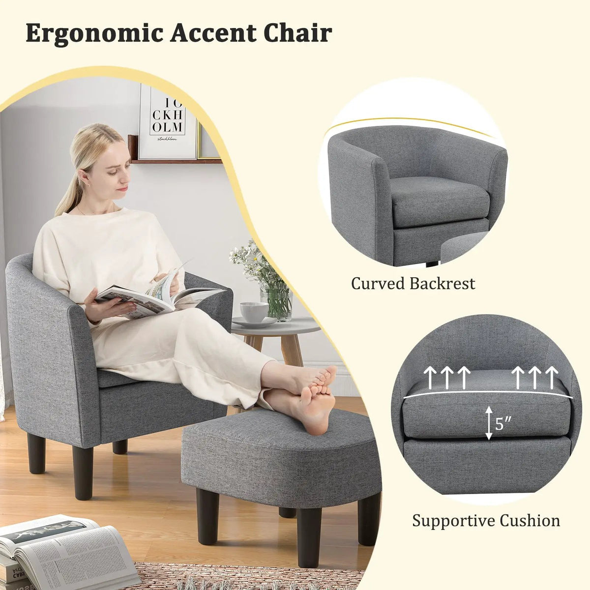 Barrel Club Chair with Ottoman Set Linen Fabric Accent Chair with Footrest, photo 4 of 16