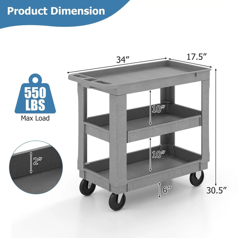 3-Tier Utility Cart with 550 LBS Max Load and Adjustable Middle Shelf-Gray by DirectDeals