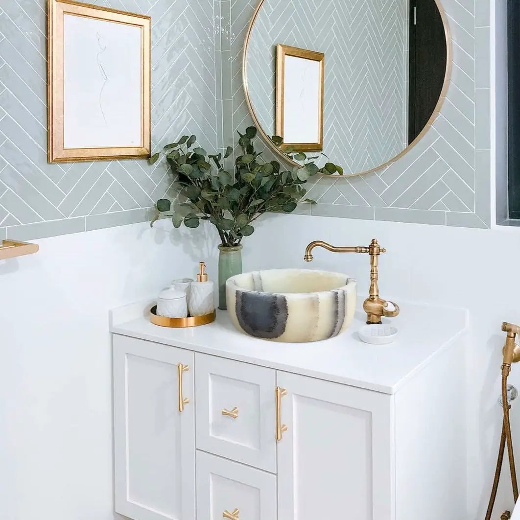 Green Translucent Onyx Handcrafted Turkish Natural Stone Bathroom Vanity Vessel Sink by GobekDesign