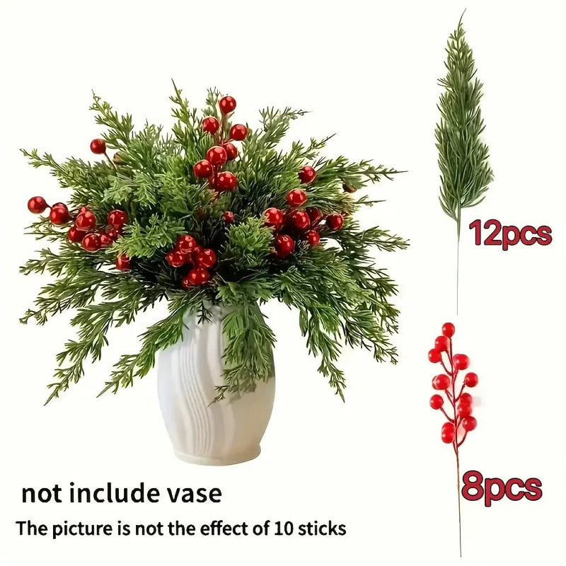 Green Plastic Pine Branches with Red Berries for Christmas Decor by House Of Avana