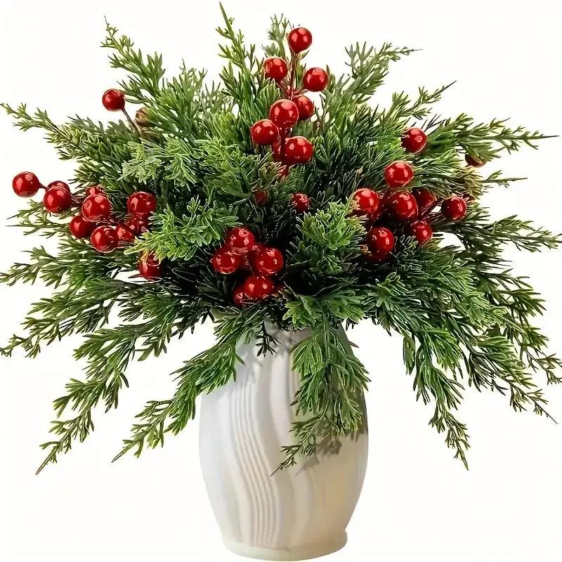 Green Plastic Pine Branches with Red Berries for Christmas Decor by House Of Avana