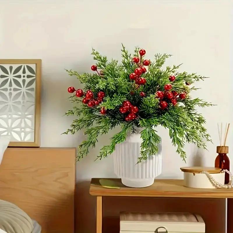 Green Plastic Pine Branches with Red Berries for Christmas Decor by House Of Avana