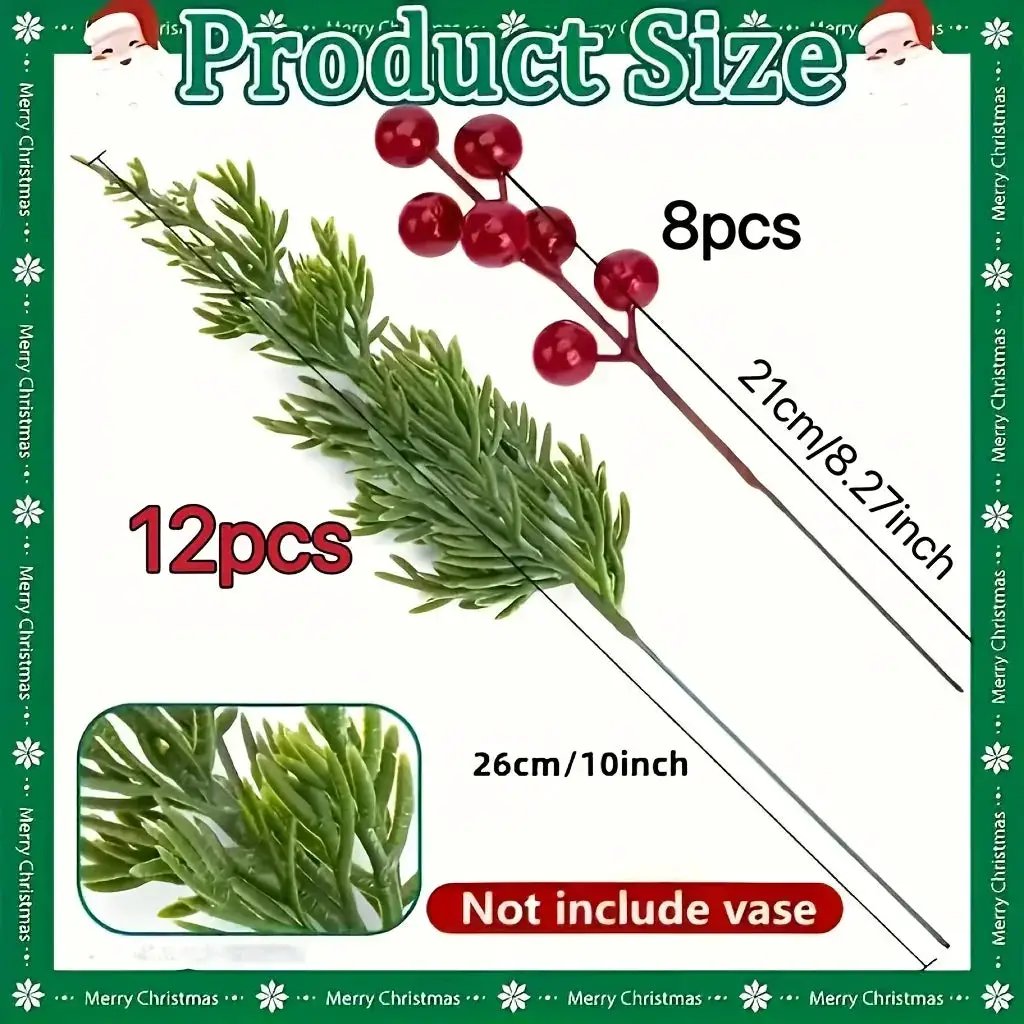 Green Plastic Pine Branches with Red Berries for Christmas Decor by House Of Avana
