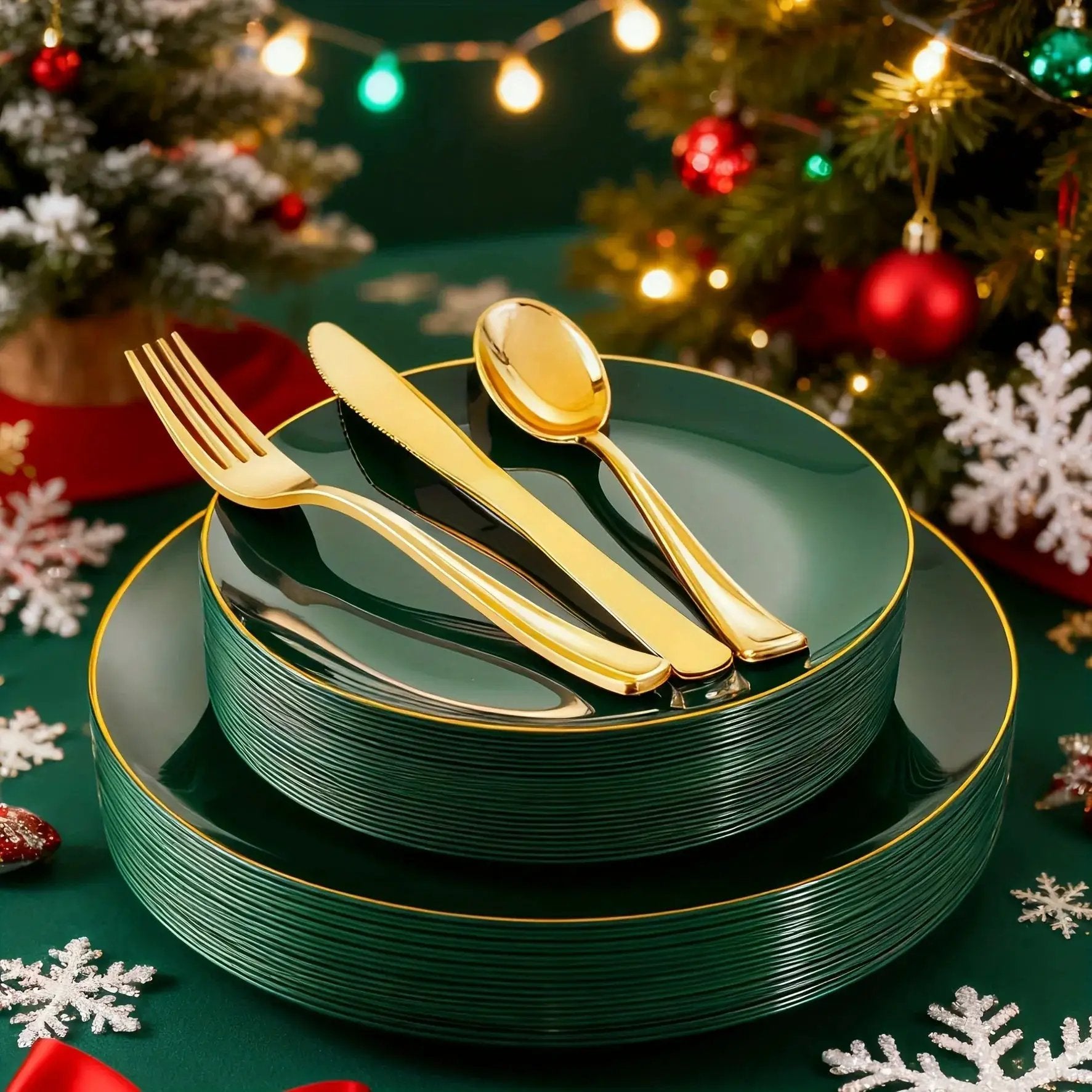 Green Plastic Plate and Cutlery Set for Christmas Parties by House Of Avana