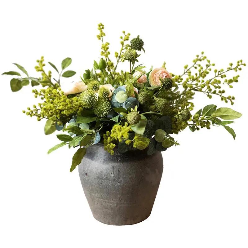 Greenery White Rose Bouquet in Pottery Set by RusticReach