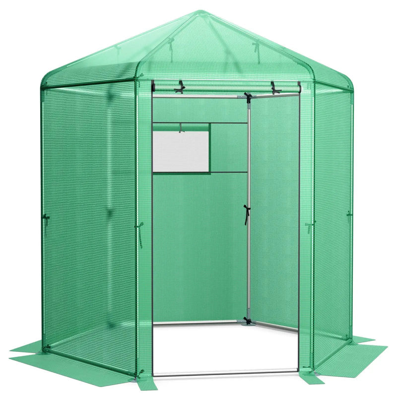 Walk-In Hexagonal Greenhouse with PE Cover and Metal Frame by DirectDeals