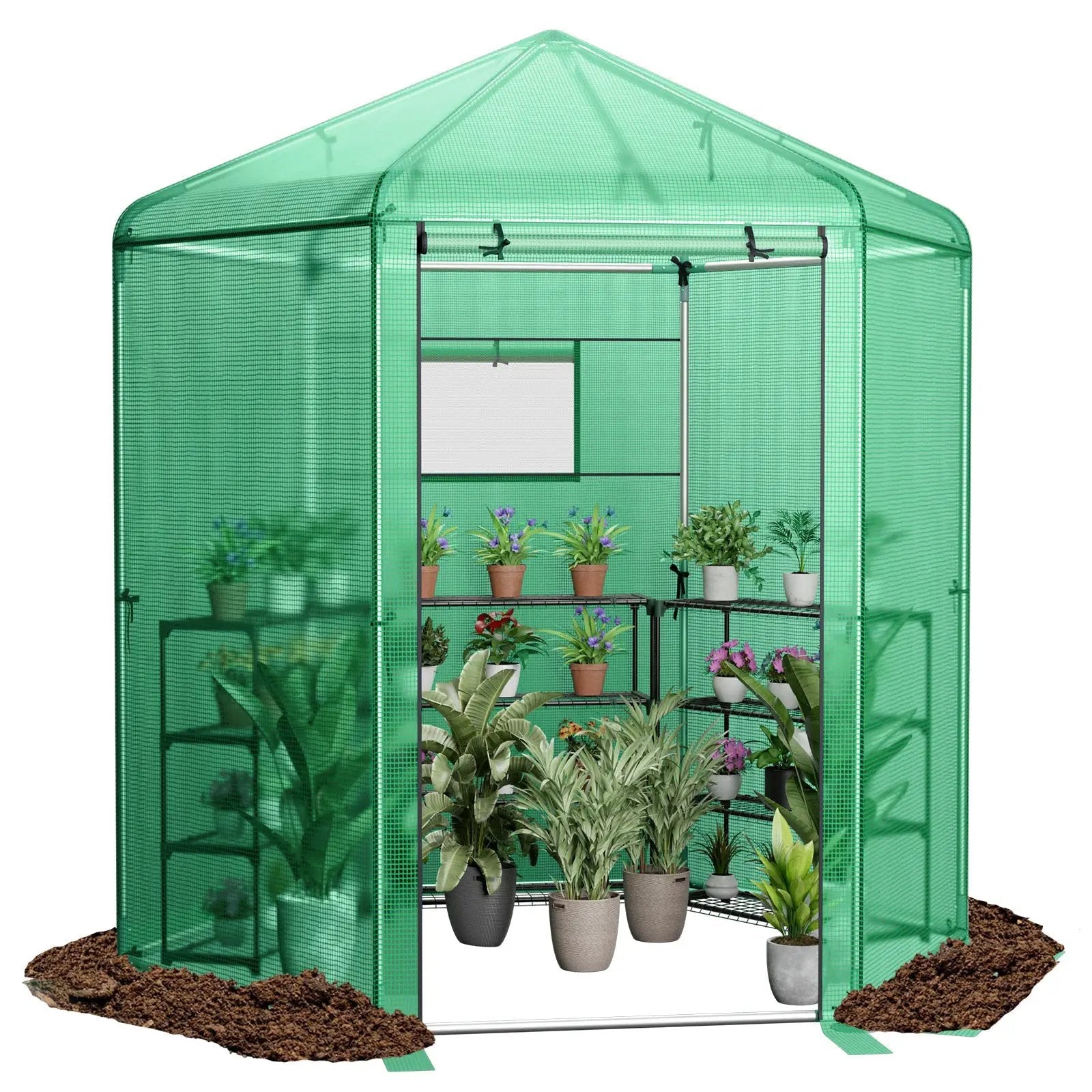 Walk-In Hexagonal Greenhouse with PE Cover and Metal Frame by DirectDeals