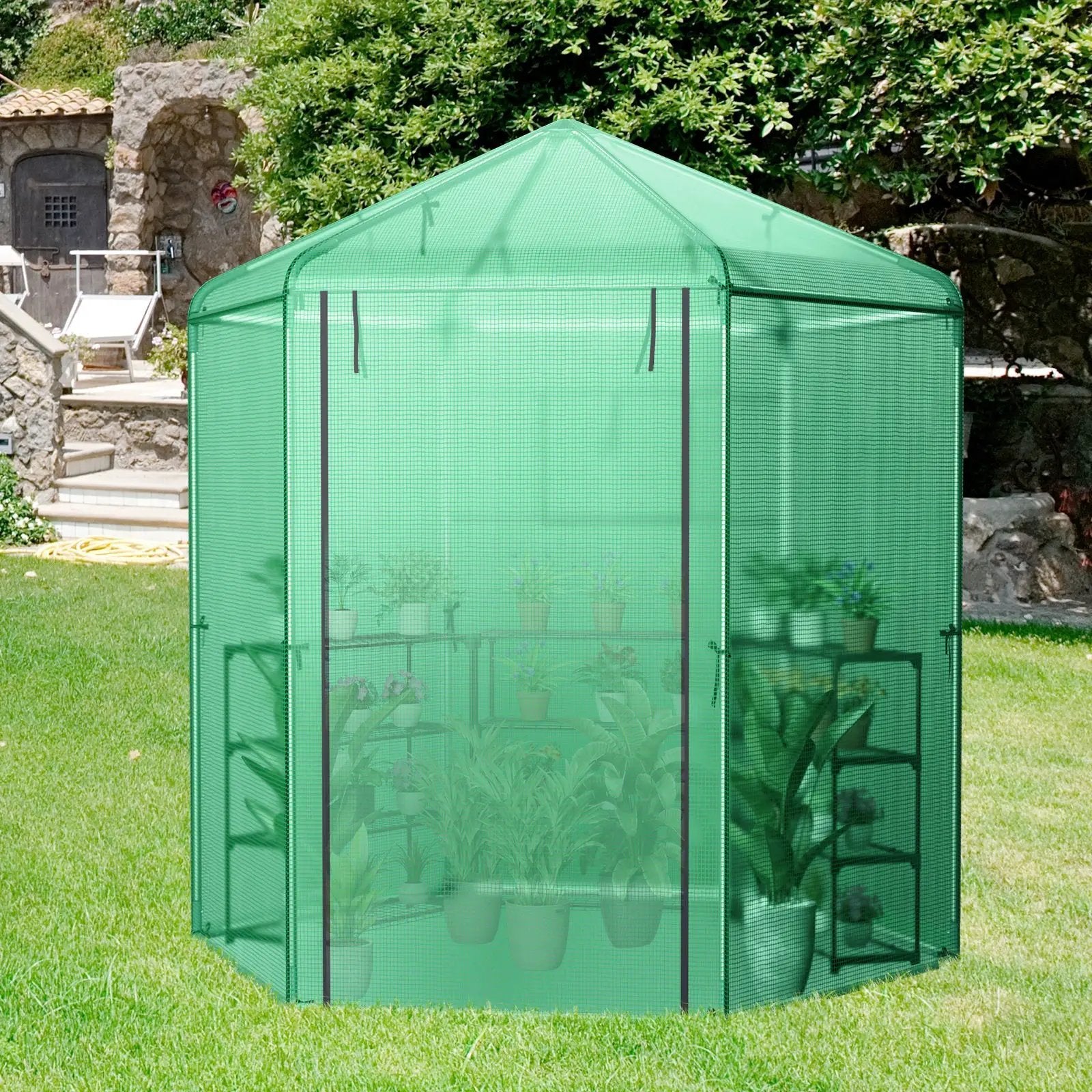Walk-In Hexagonal Greenhouse with PE Cover and Metal Frame by DirectDeals