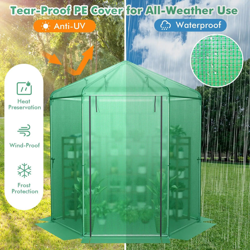 Walk-In Hexagonal Greenhouse with PE Cover and Metal Frame by DirectDeals