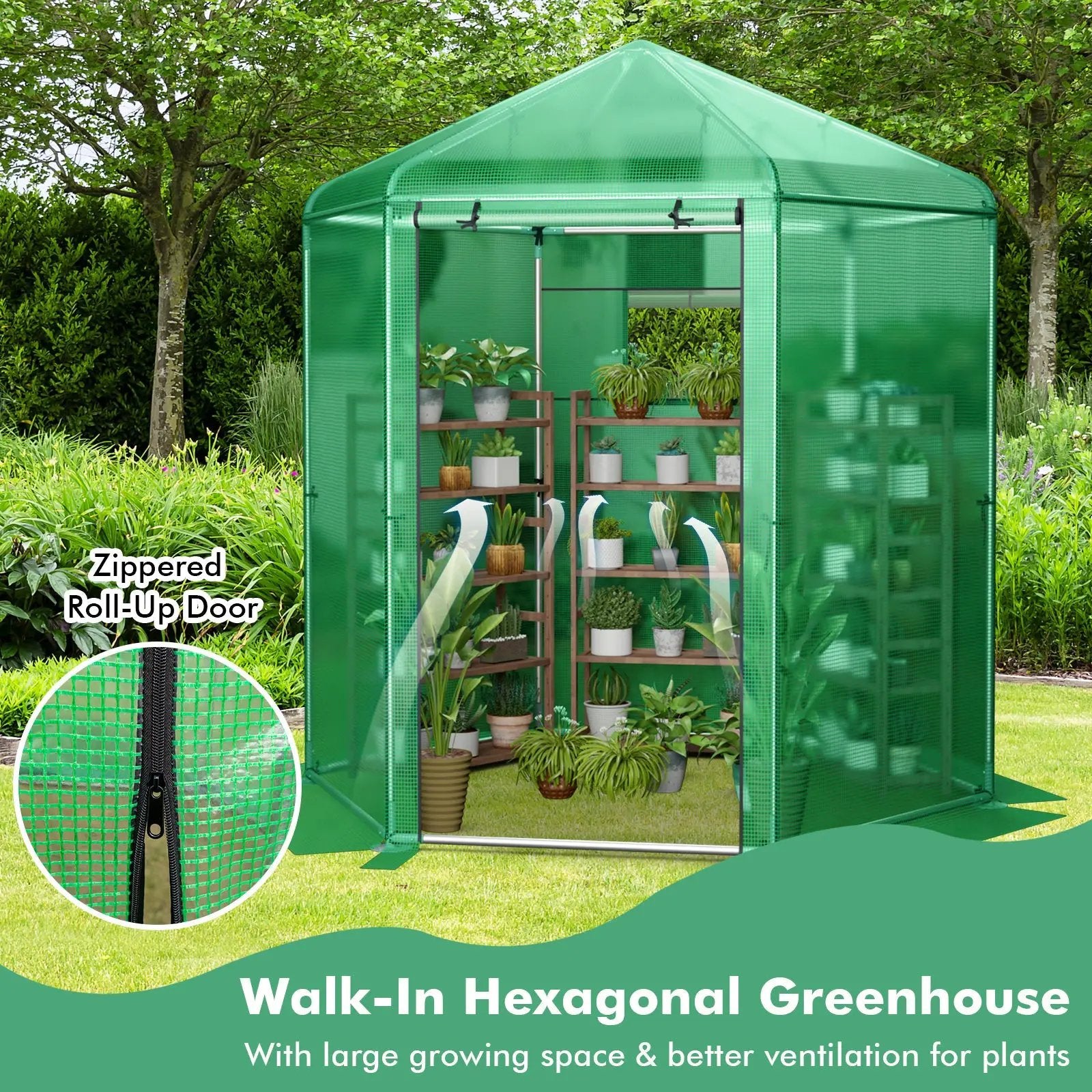 Walk-In Hexagonal Greenhouse with PE Cover and Metal Frame by DirectDeals