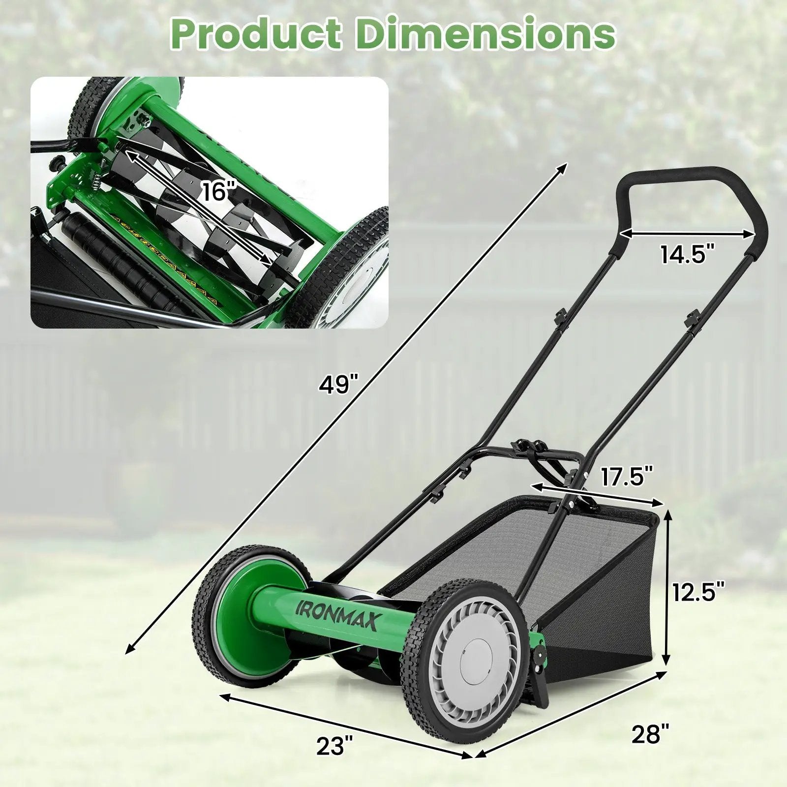 16 Inch Push Lawn Mower with 5 Steel Blades and Grass Catcher Bag by DirectDeals