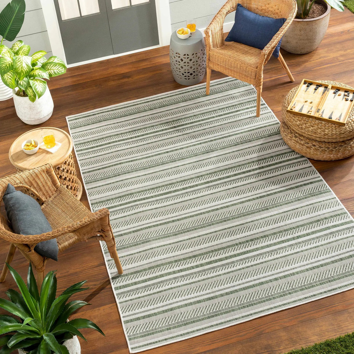 Gram Striped Nordic Outdoor Rug, installed in a room
