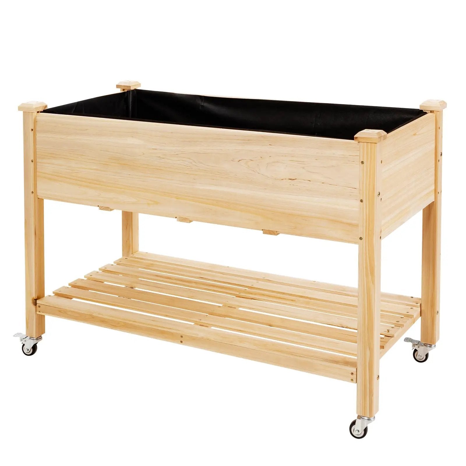 Wood Elevated Planter Bed with Lockable Wheels Shelf and Liner by DirectDeals