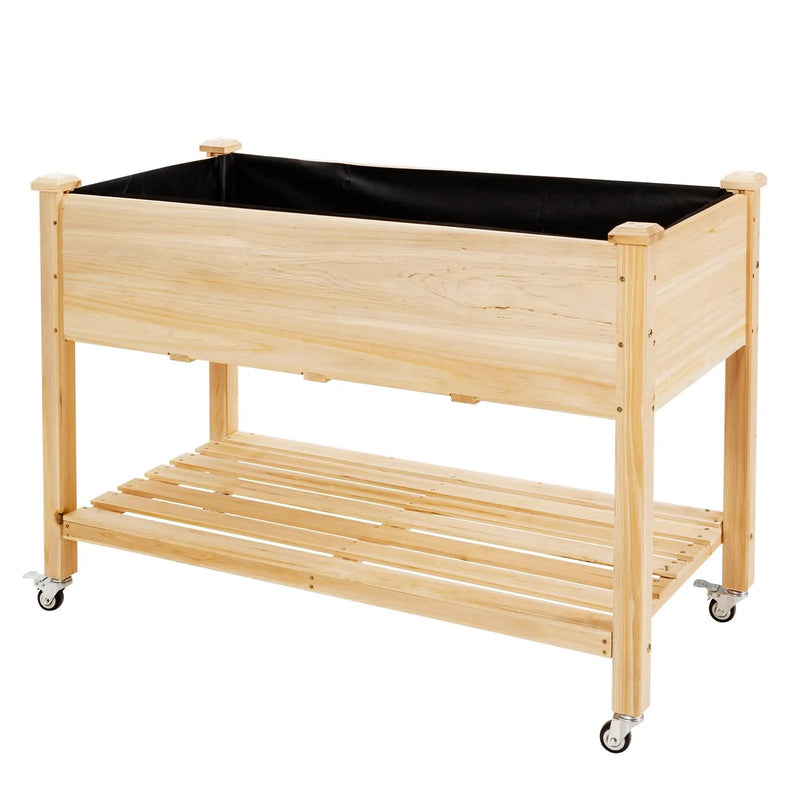 Wood Elevated Planter Bed with Lockable Wheels Shelf and Liner by DirectDeals