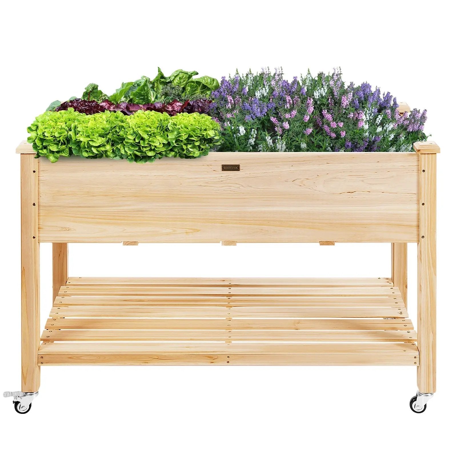 Wood Elevated Planter Bed with Lockable Wheels Shelf and Liner by DirectDeals