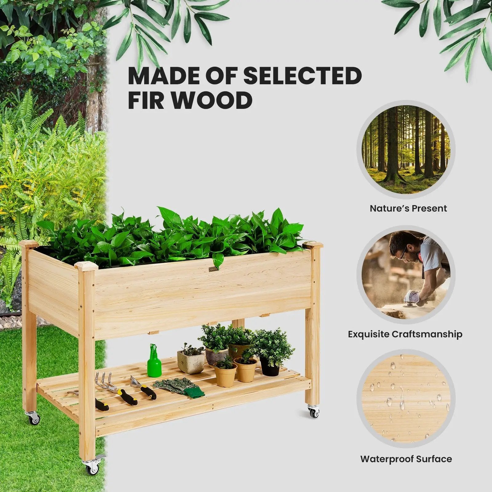 Wood Elevated Planter Bed with Lockable Wheels Shelf and Liner by DirectDeals