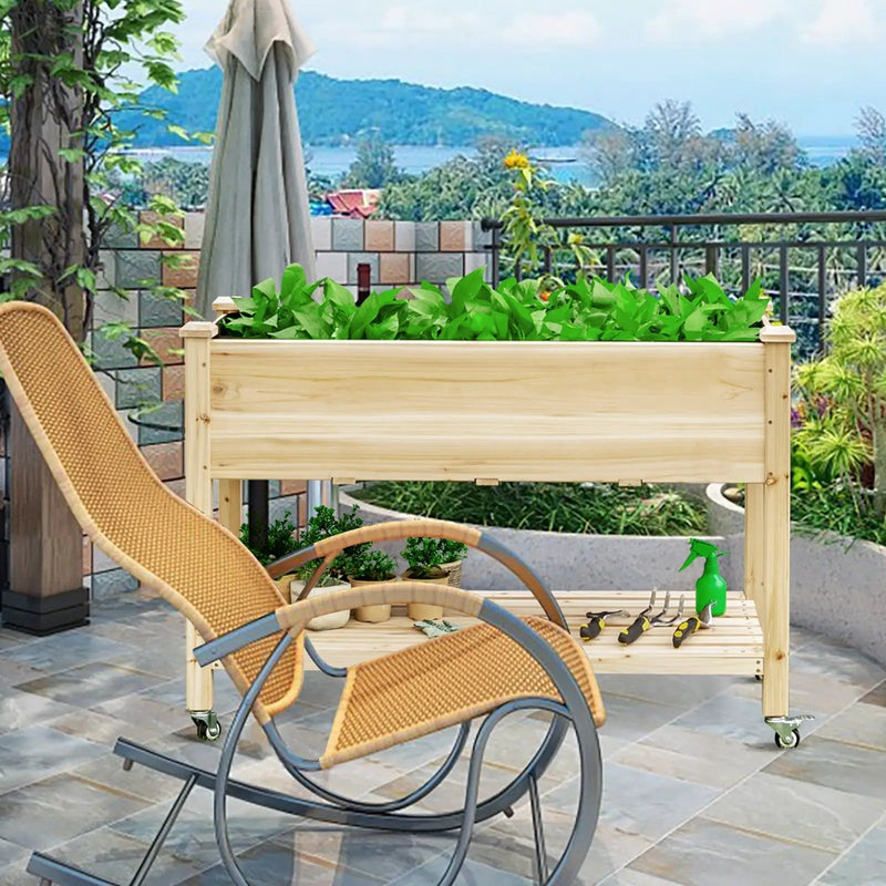 Wood Elevated Planter Bed with Lockable Wheels Shelf and Liner by DirectDeals