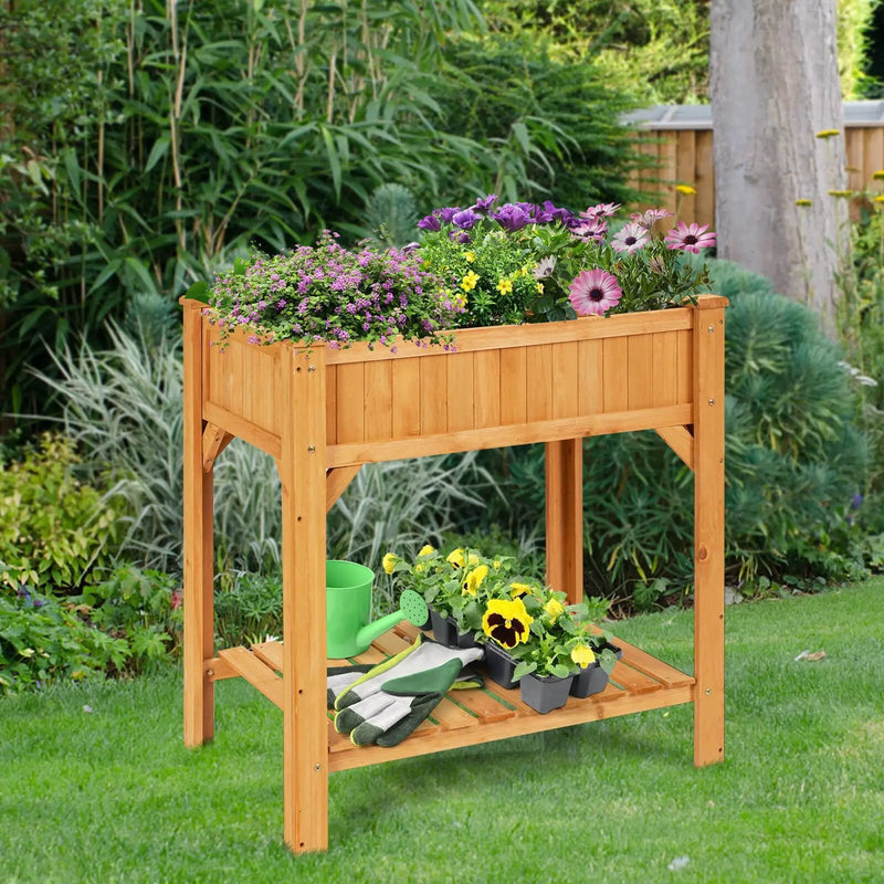 8 Grids Wood Elevated Garden Planter Box Kit with Liner and Shelf by DirectDeals