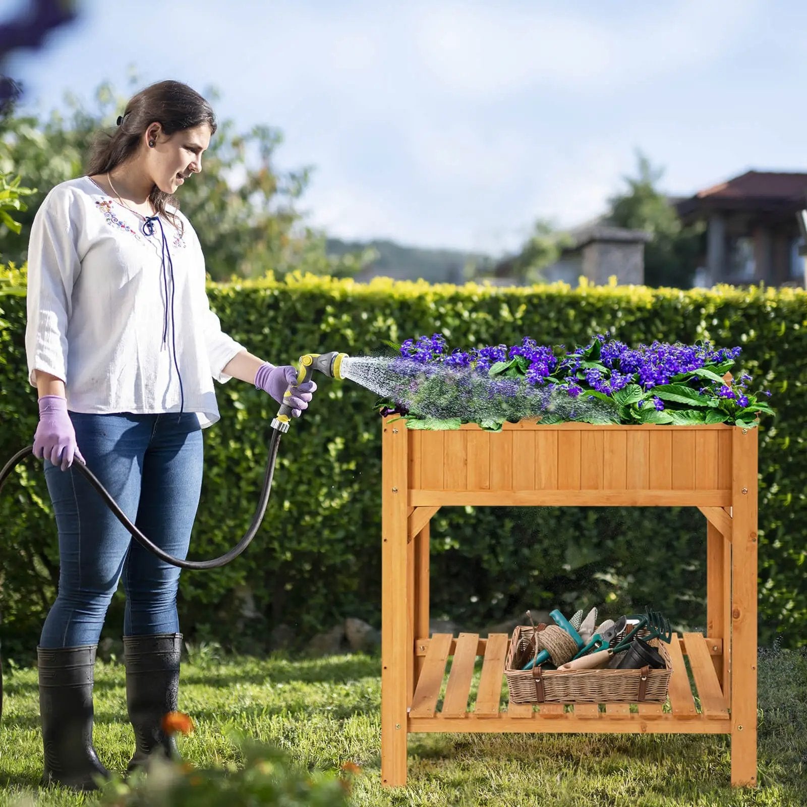 8 Grids Wood Elevated Garden Planter Box Kit with Liner and Shelf by DirectDeals