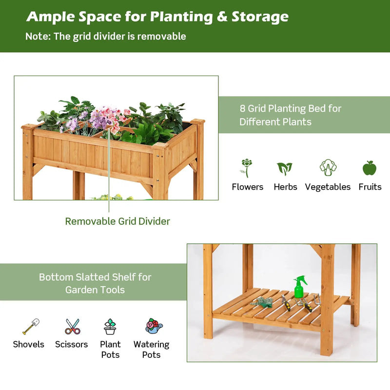 8 Grids Wood Elevated Garden Planter Box Kit with Liner and Shelf by DirectDeals