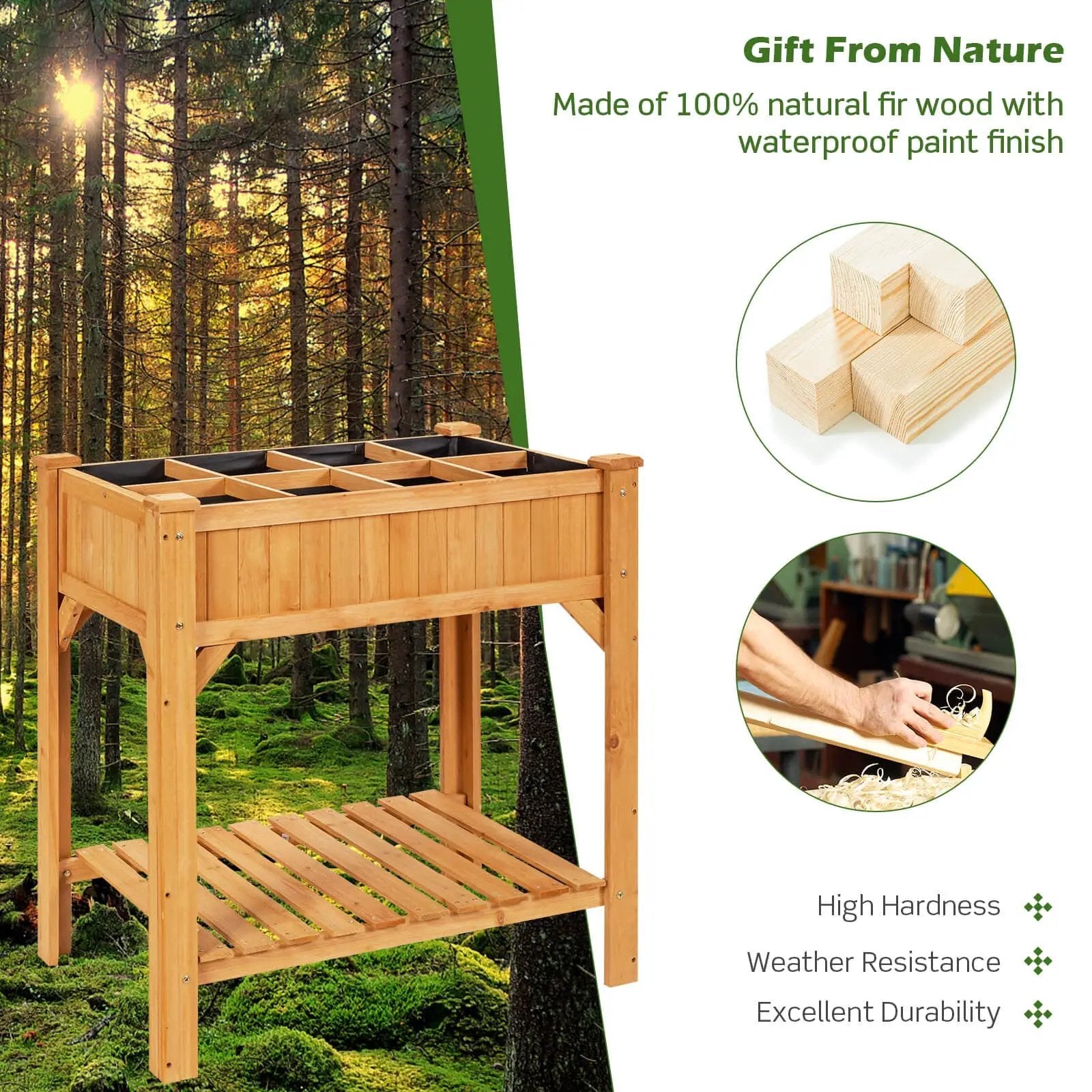 8 Grids Wood Elevated Garden Planter Box Kit with Liner and Shelf by DirectDeals