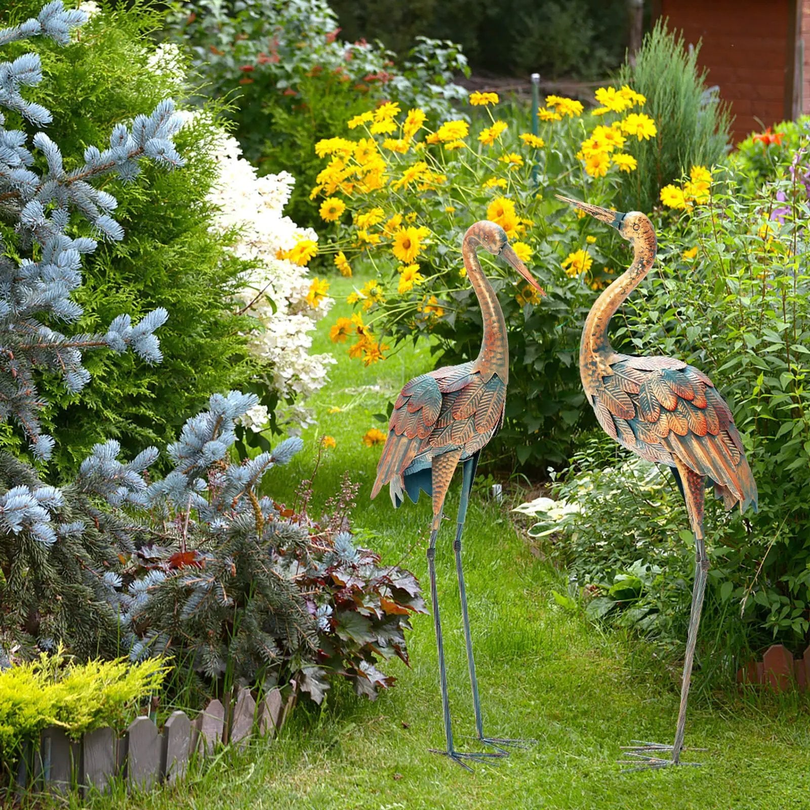 Set of 2 Crane Garden Statues Standing Metal Crane Sculptures Bird by DirectDeals