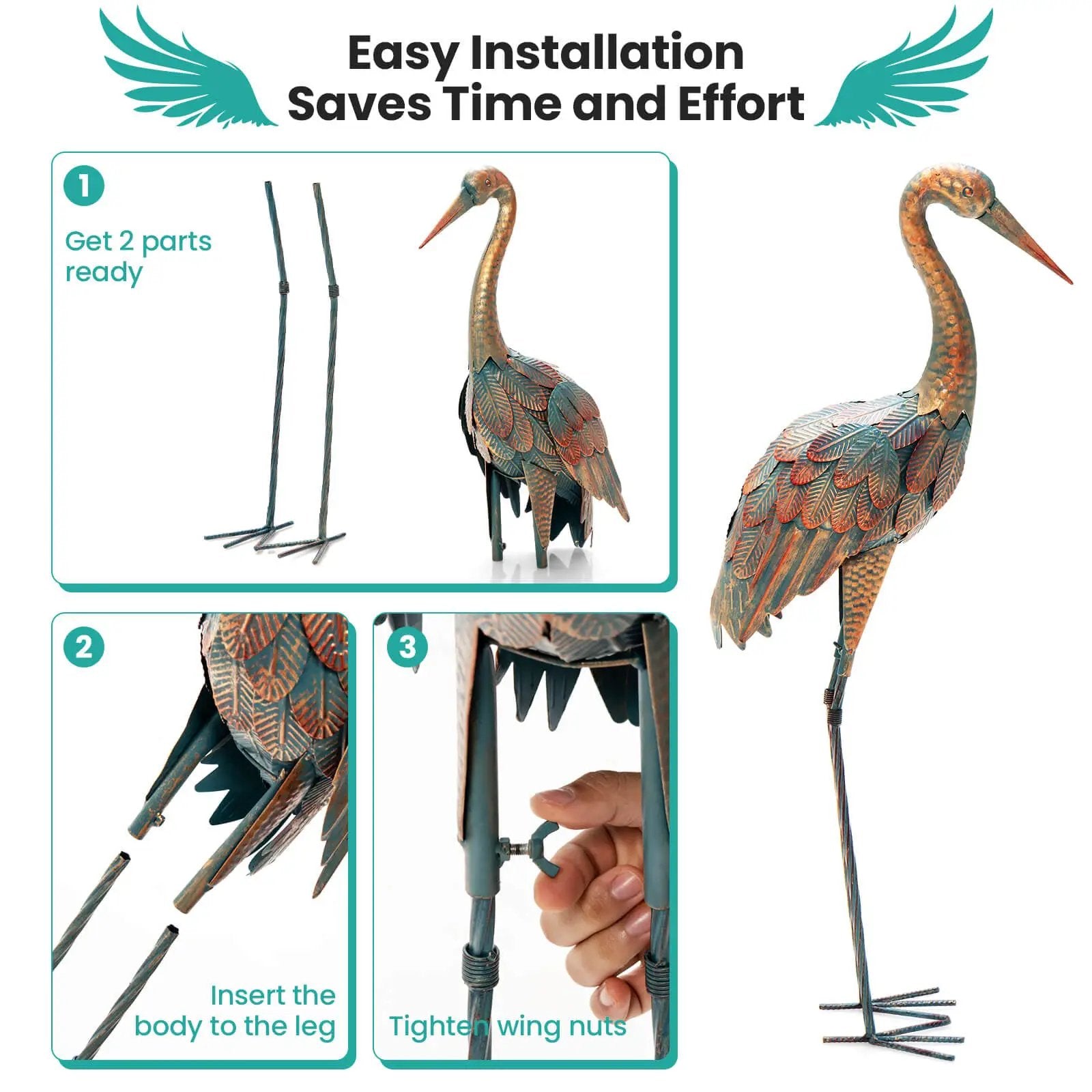 Set of 2 Crane Garden Statues Standing Metal Crane Sculptures Bird by DirectDeals