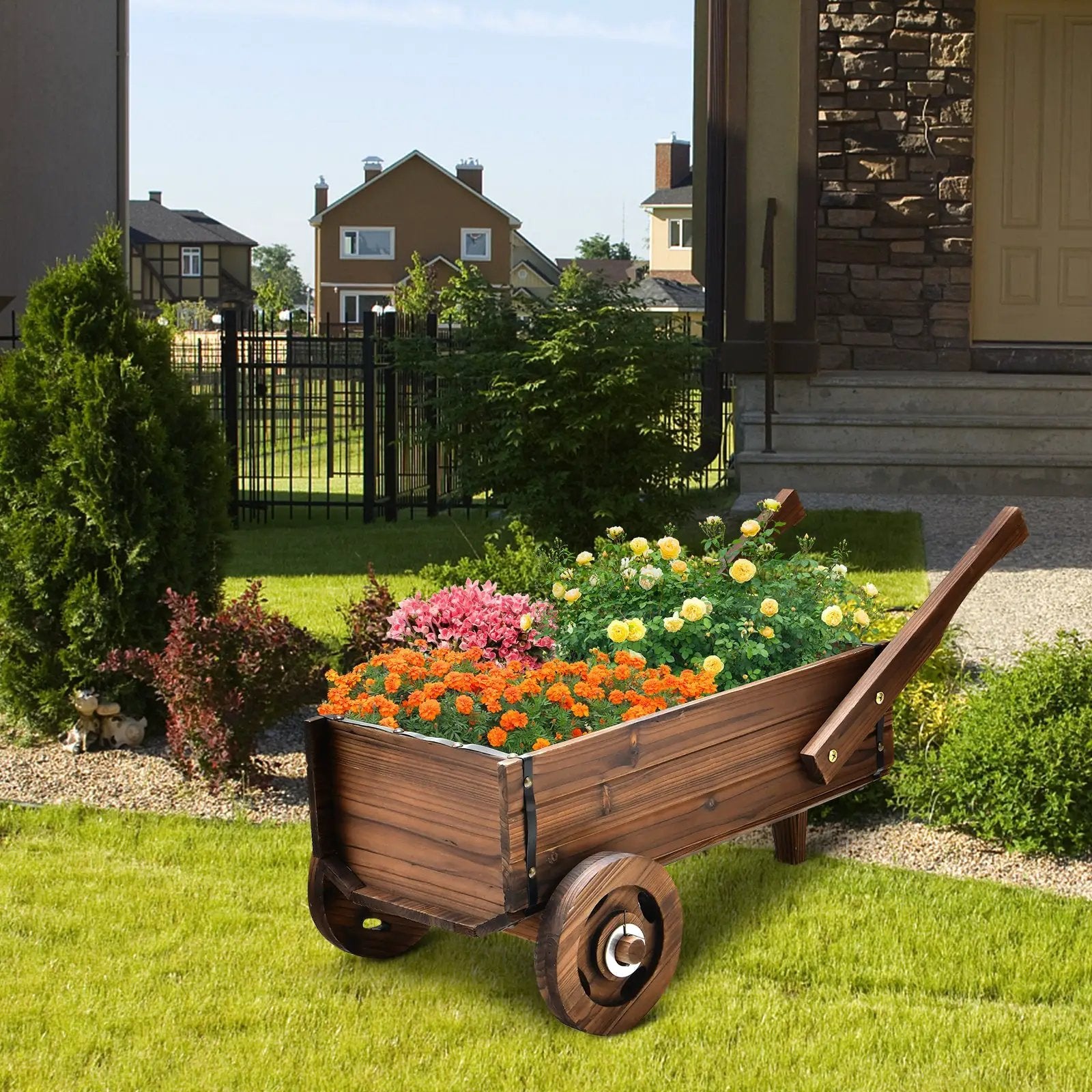Wooden Wagon Planter Box with Wheels Handles and Drainage Hole-Rustic Brown by DirectDeals