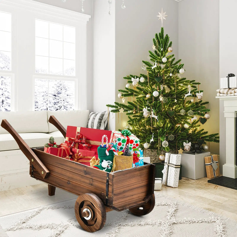 Wooden Wagon Planter Box with Wheels Handles and Drainage Hole-Rustic Brown by DirectDeals