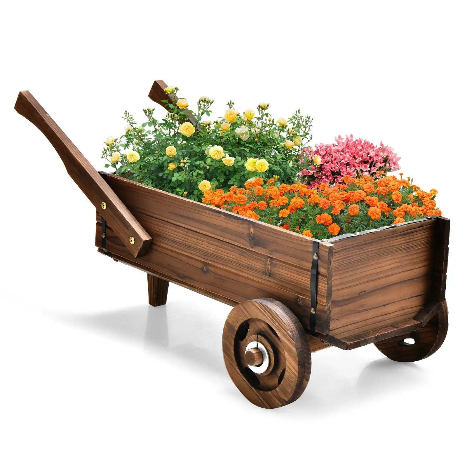 Wooden Wagon Planter Box with Wheels Handles and Drainage Hole-Rustic Brown by DirectDeals