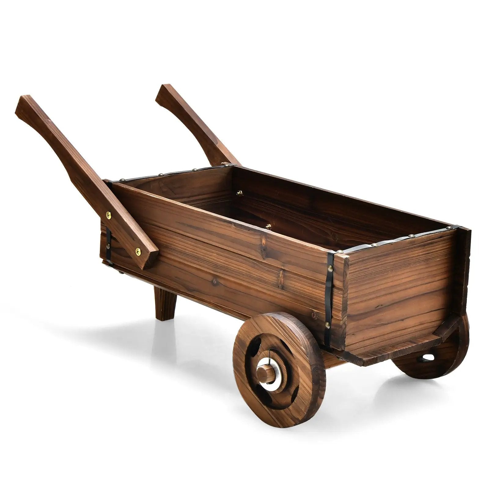 Wooden Wagon Planter Box with Wheels Handles and Drainage Hole-Rustic Brown by DirectDeals