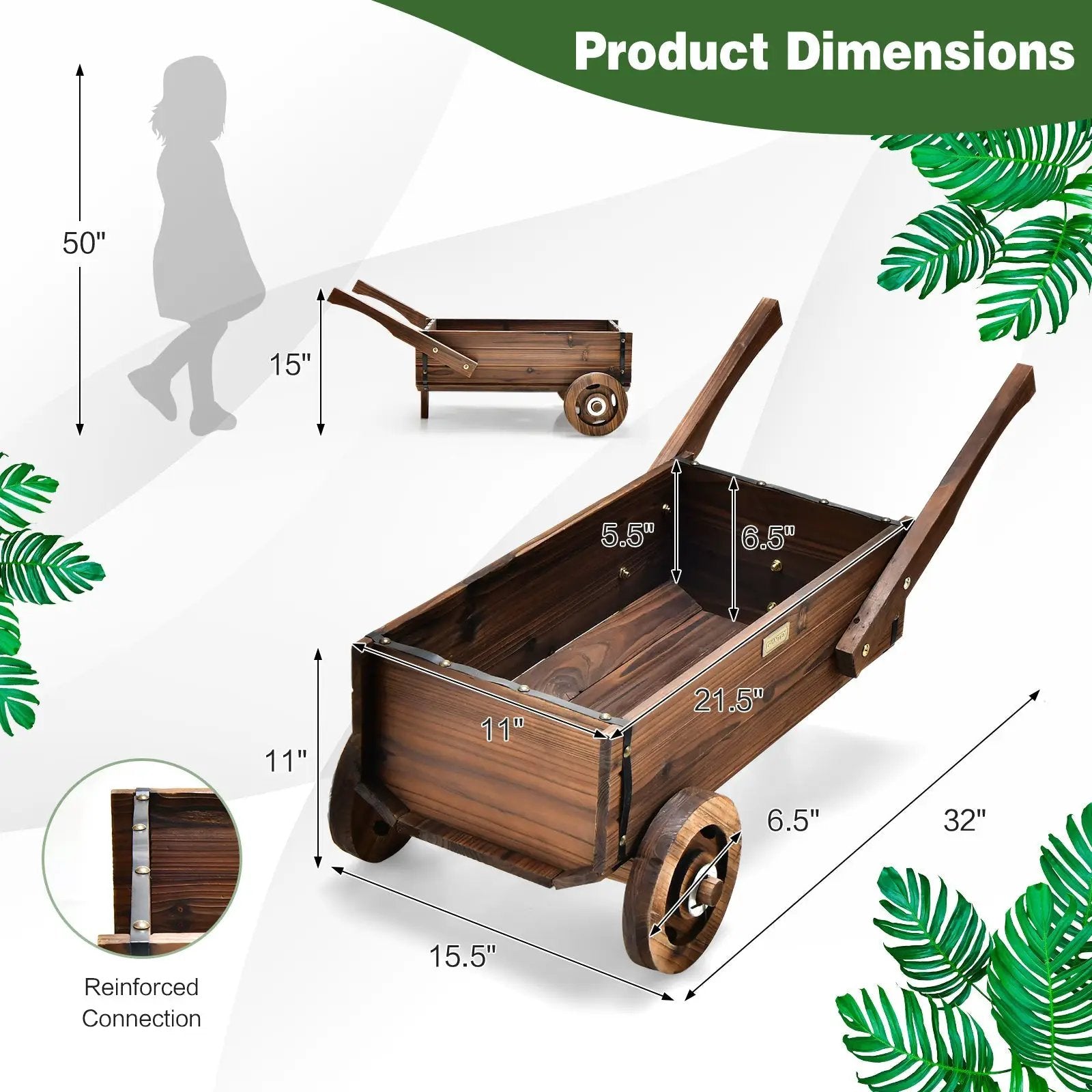 Wooden Wagon Planter Box with Wheels Handles and Drainage Hole-Rustic Brown by DirectDeals