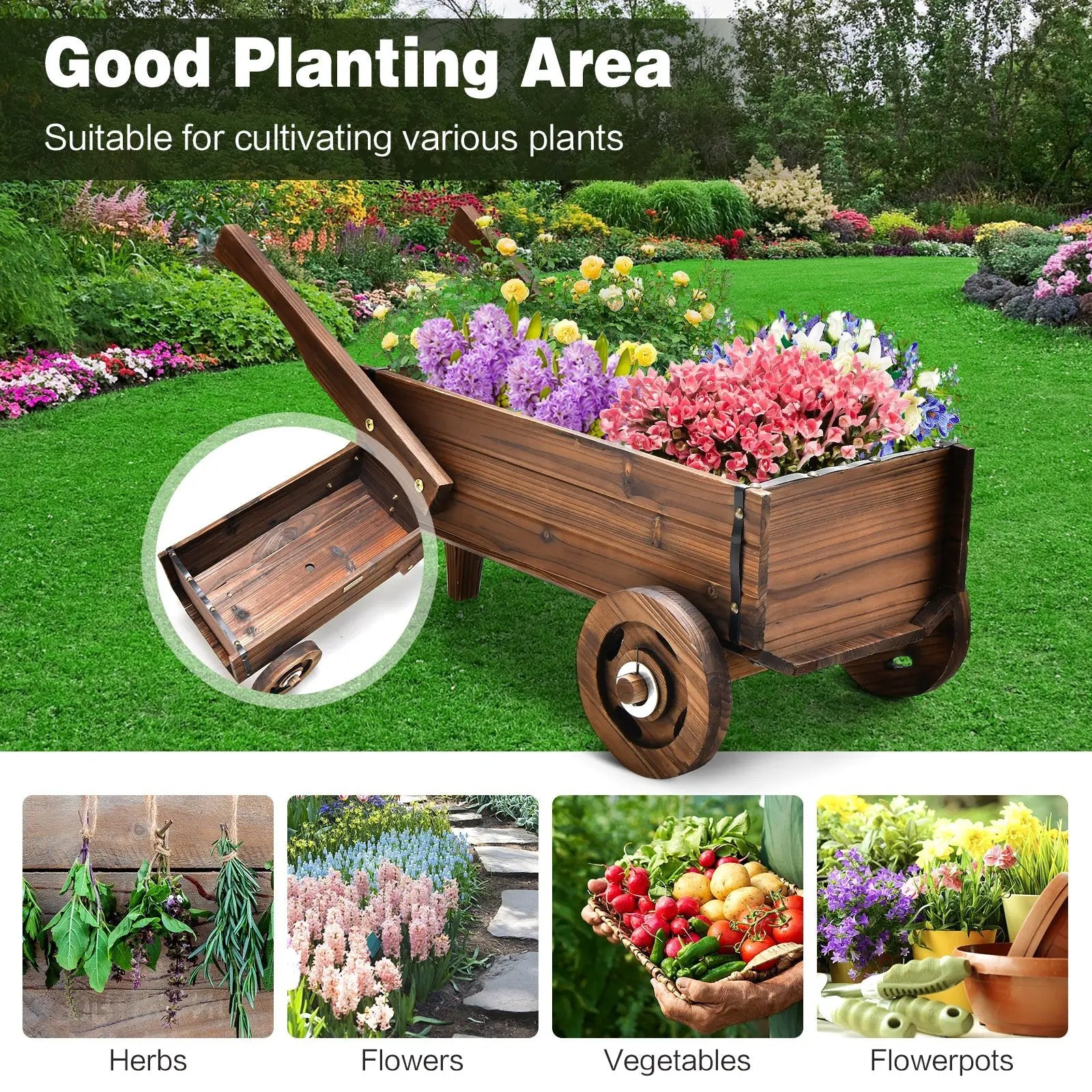 Wooden Wagon Planter Box with Wheels Handles and Drainage Hole-Rustic Brown by DirectDeals