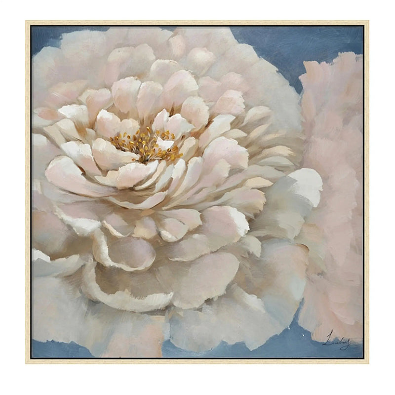 Hand Painted Acrylic Wall Art Pink Flower on a 39 x 39 Square Canvas with a Brown Wooden Frame by Sharicks