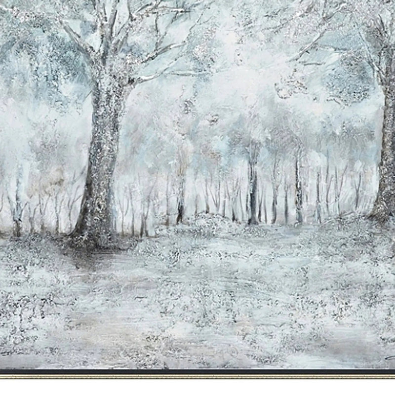Hand Painted Acrylic Wall Art Snowy Forrest on a 39 x 39 Square Canvas with a Silver Wooden Frame by Sharicks