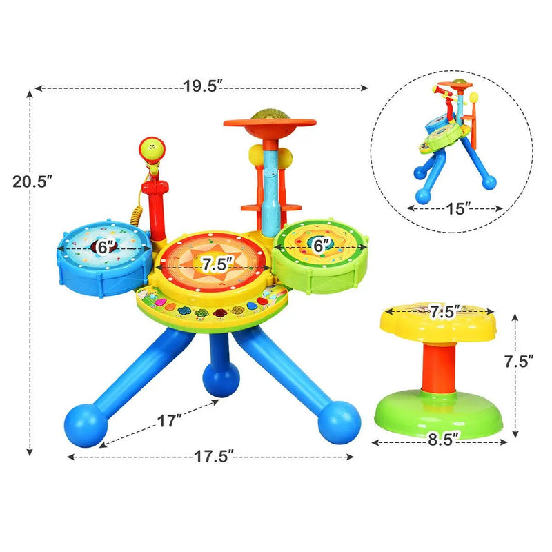 Kids Electric Jazz Drum Set with Stool Microphone and LED Light by DirectDeals