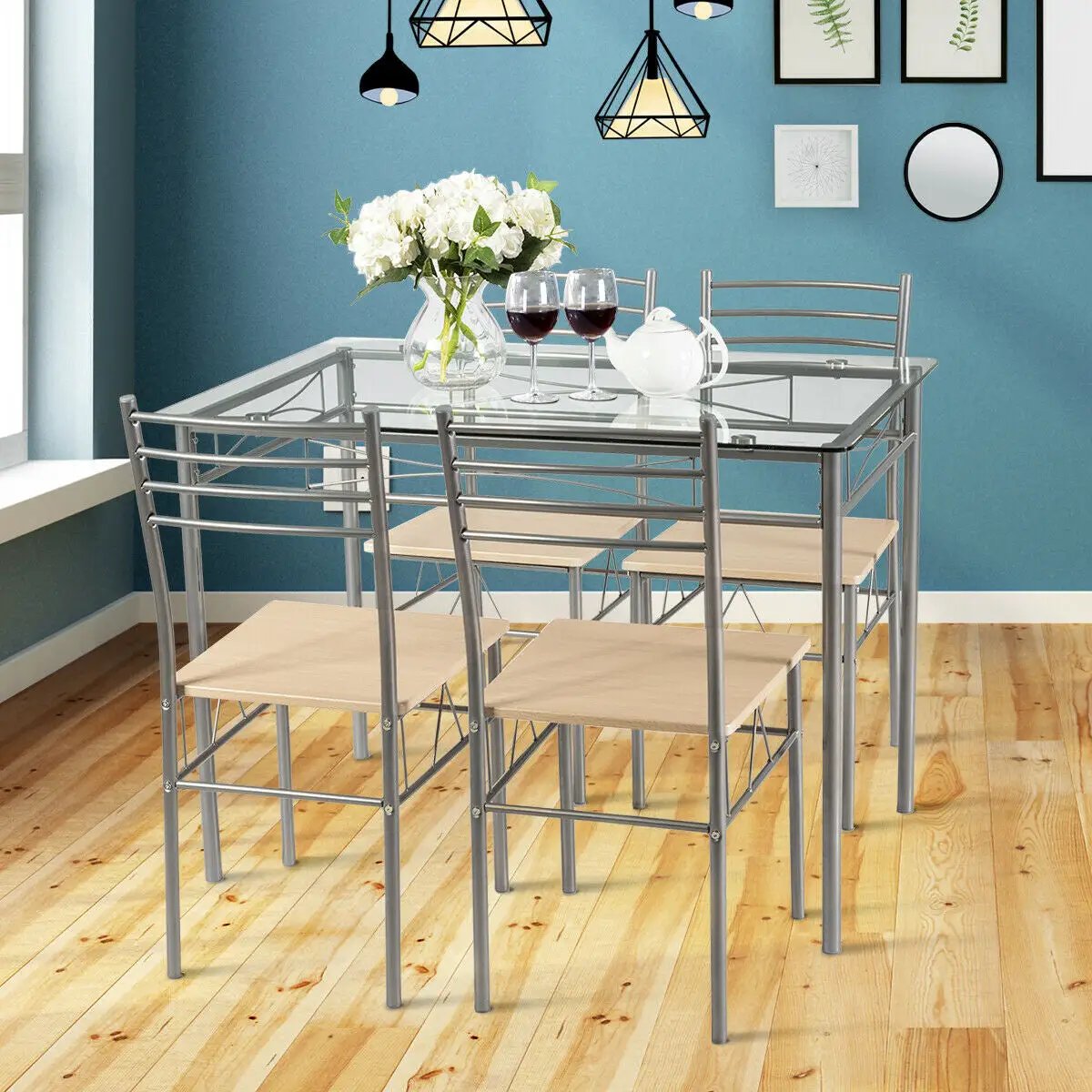 5 Pieces Dining Set Glass Table and 4 Chairs by DirectDeals