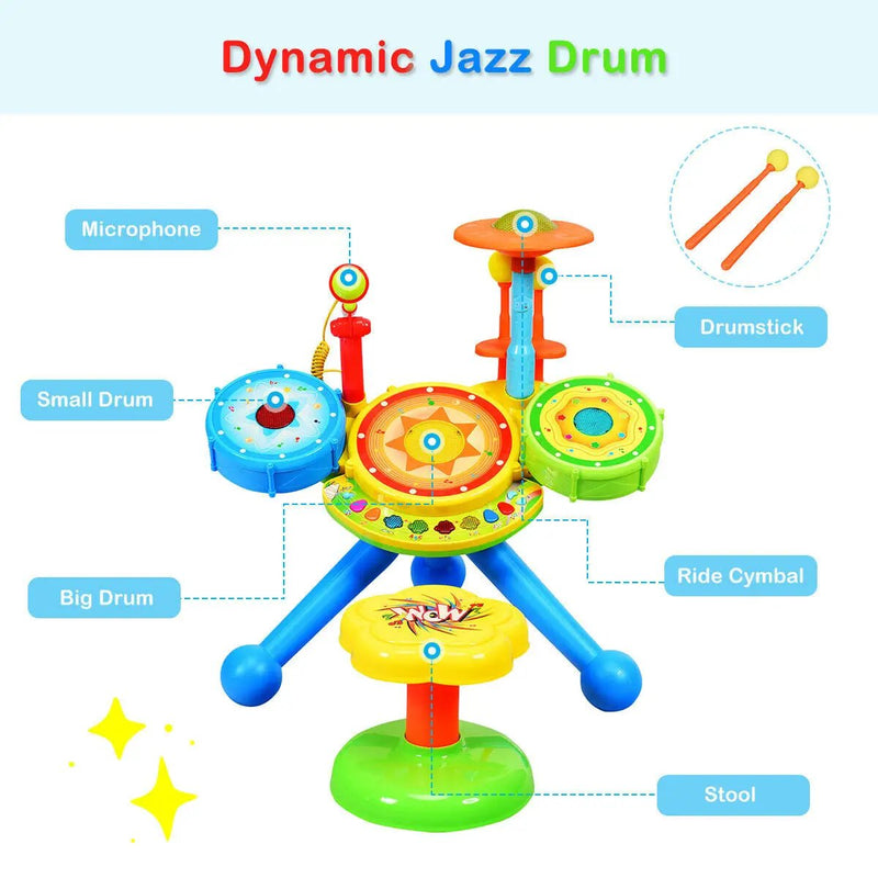 Kids Electric Jazz Drum Set with Stool Microphone and LED Light by DirectDeals