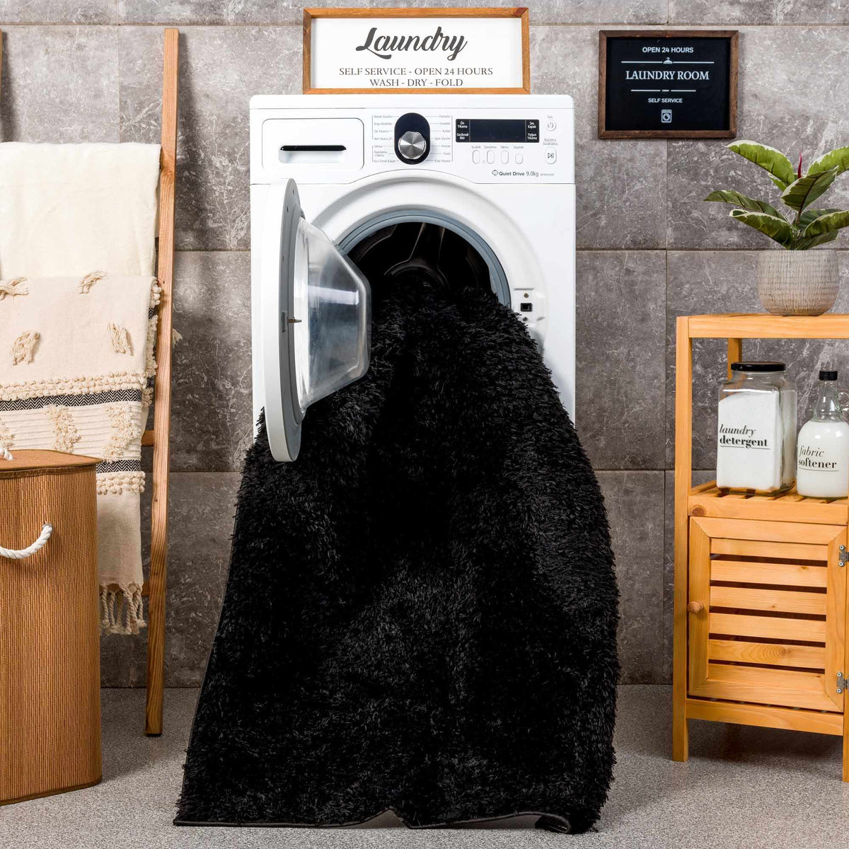 Faina Solid Black Shag Washable Area Rug - Clearance, photo 7 of 18