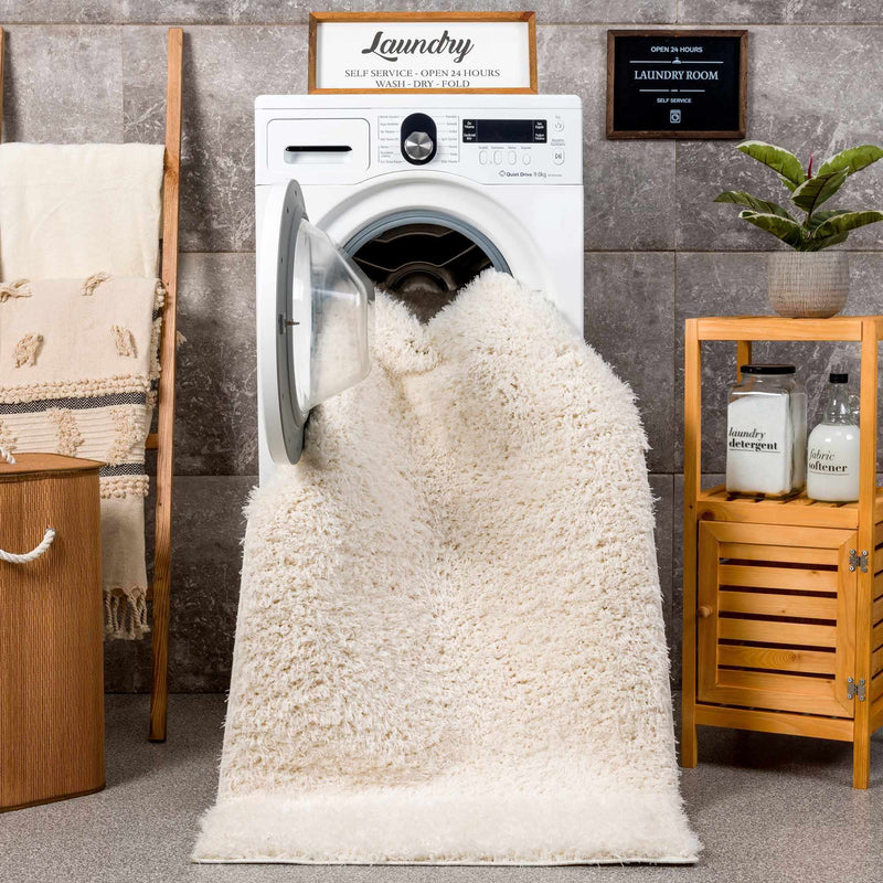 Faina Solid Cream Shag Washable Area Rug - Clearance by Boutique Rugs
