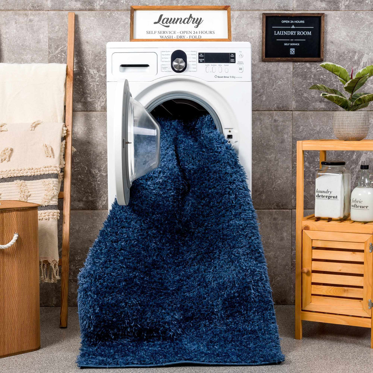 Faina Solid Dark Blue Shag Washable Area Rug - Clearance, photo 22 of 24